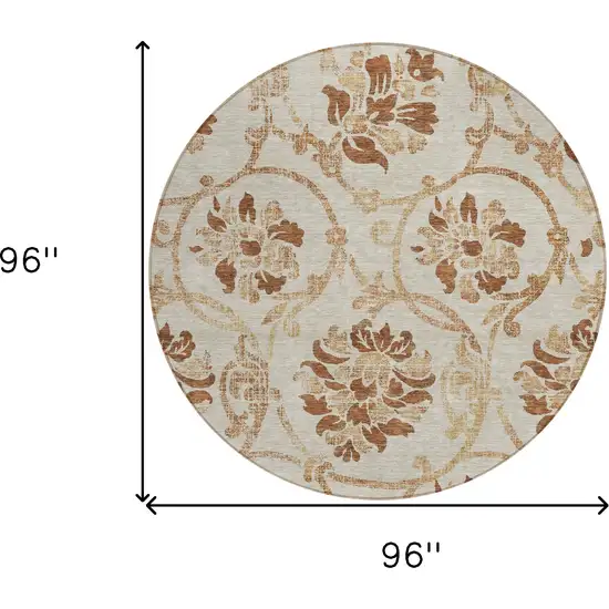 8' Terra Cotta Copper And Beige Round Floral Washable Indoor Outdoor Area Rug Photo 7