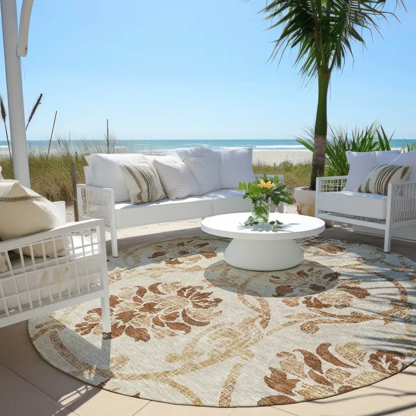 8' Terra Cotta Copper And Beige Round Floral Washable Indoor Outdoor Area Rug Photo 5