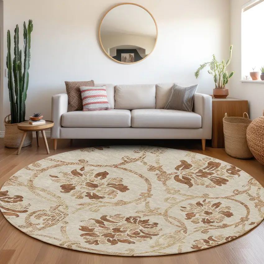 8' Terra Cotta Copper And Beige Round Floral Washable Indoor Outdoor Area Rug Photo 6