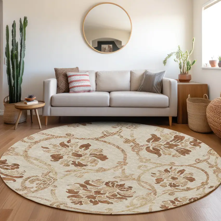 8' Terra Cotta Copper And Beige Round Floral Washable Indoor Outdoor Area Rug Photo 6