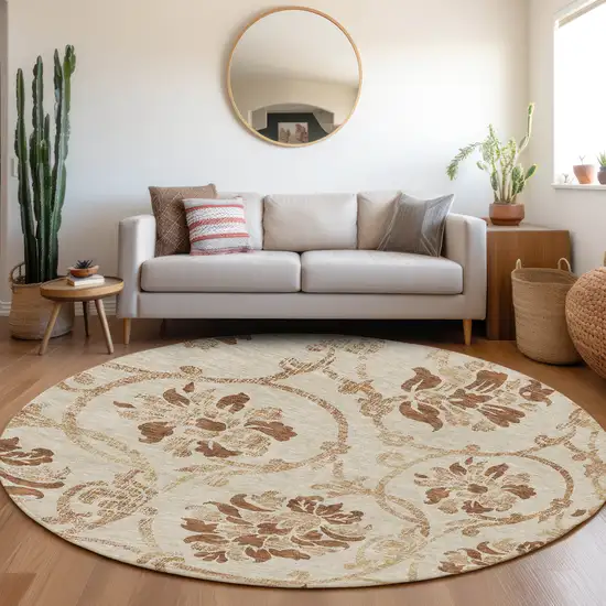 8' Terra Cotta Copper And Beige Round Floral Washable Indoor Outdoor Area Rug Photo 6
