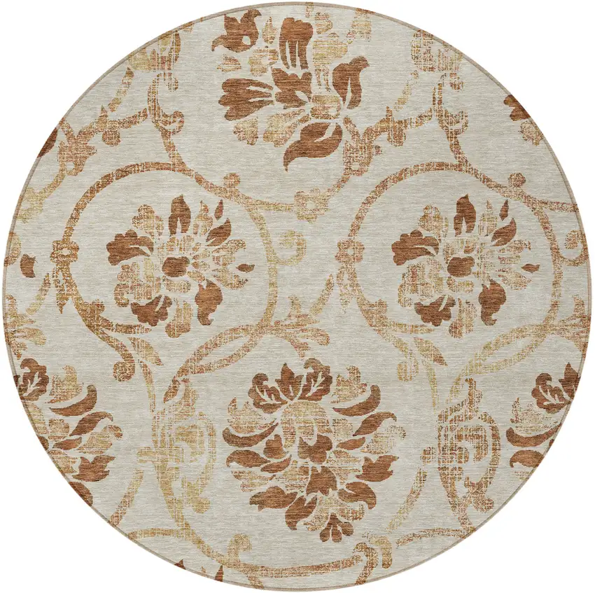 8' Terra Cotta Copper And Beige Round Floral Washable Indoor Outdoor Area Rug Photo 4