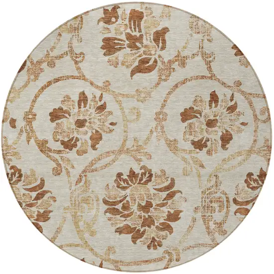 8' Terra Cotta Copper And Beige Round Floral Washable Indoor Outdoor Area Rug Photo 4