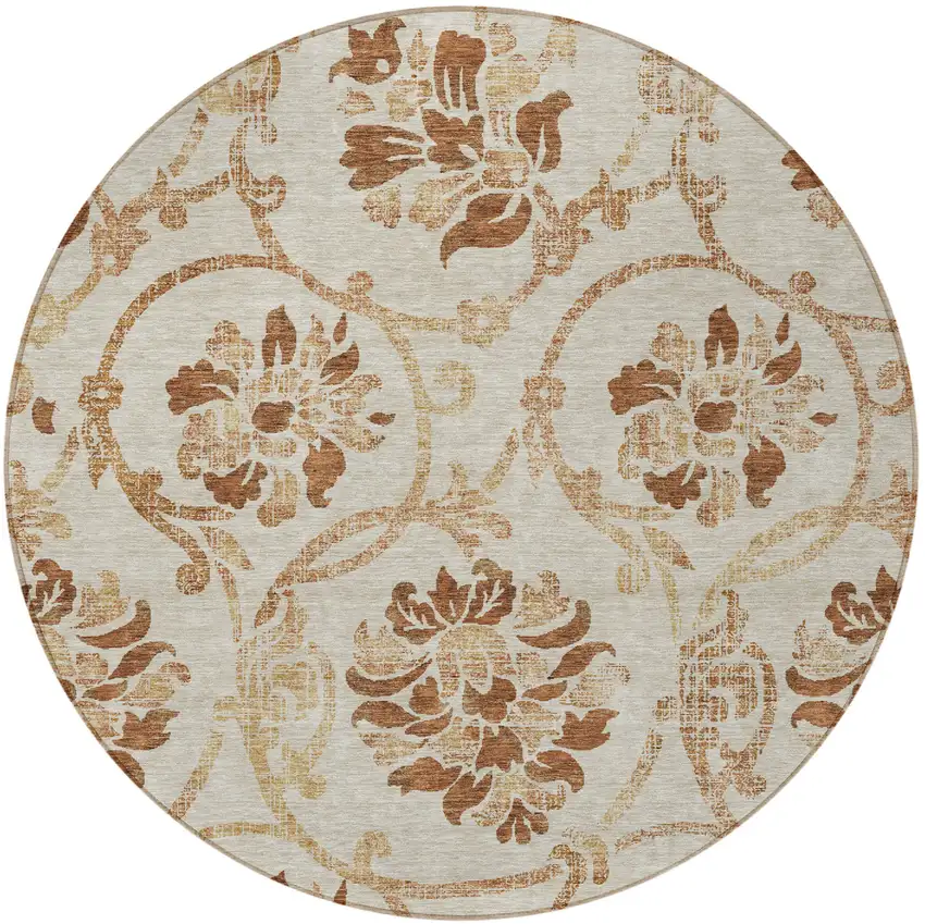 8' Terra Cotta Copper And Beige Round Floral Washable Indoor Outdoor Area Rug Photo 4