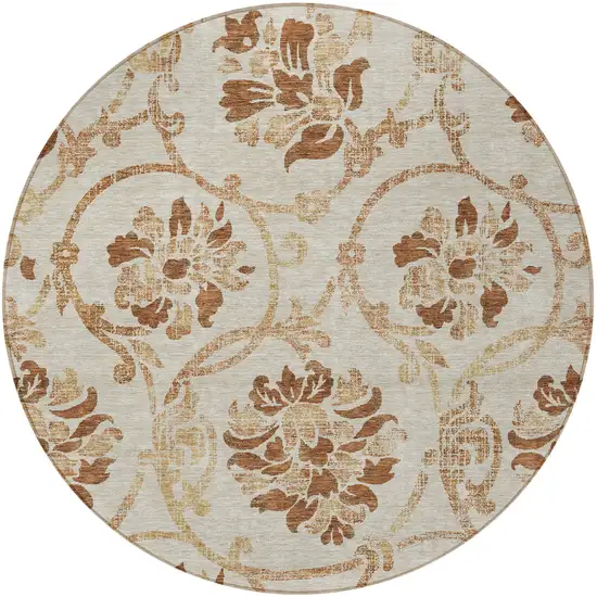 8' Terra Cotta Copper And Beige Round Floral Washable Indoor Outdoor Area Rug Photo 4