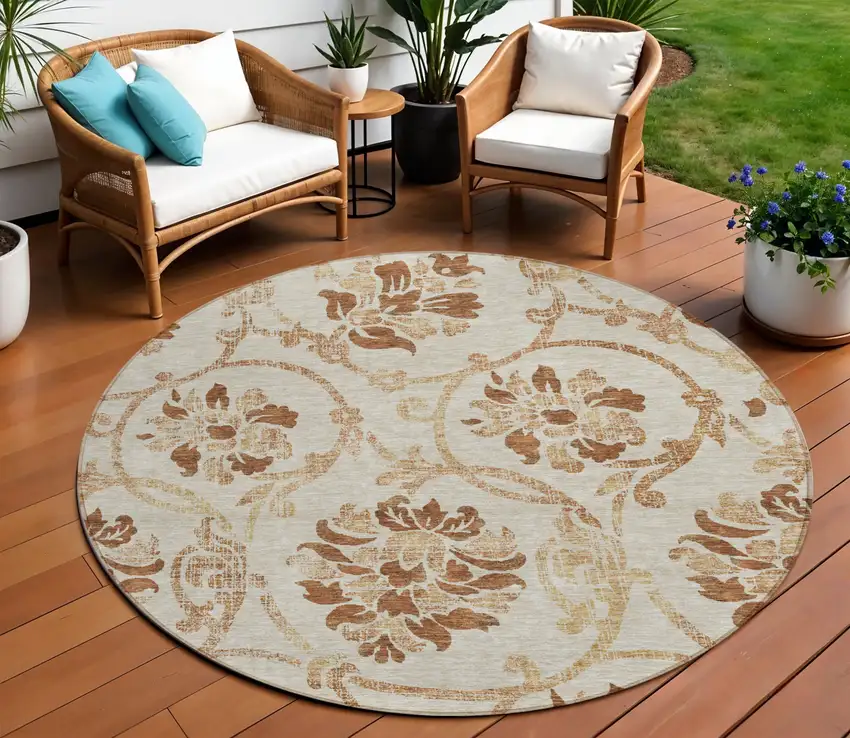 8' Terra Cotta Copper And Beige Round Floral Washable Indoor Outdoor Area Rug Photo 1