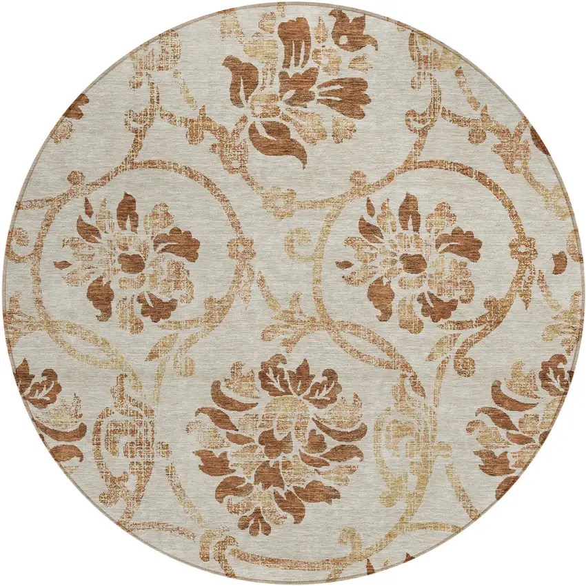 8' Terra Cotta Copper And Beige Round Floral Washable Indoor Outdoor Area Rug Photo 1