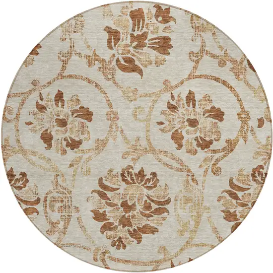 8' Terra Cotta Copper And Beige Round Floral Washable Indoor Outdoor Area Rug Photo 1