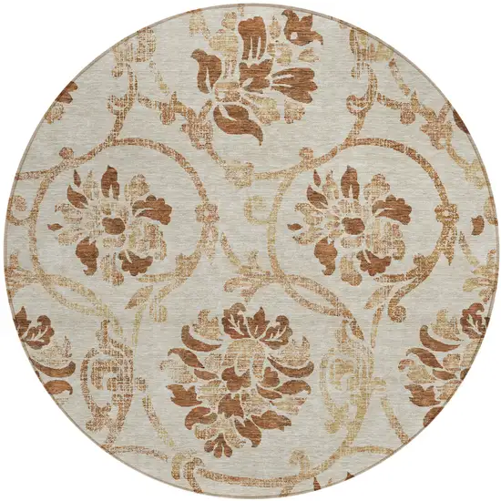 8' Terra Cotta Copper And Beige Round Floral Washable Indoor Outdoor Area Rug Photo 1