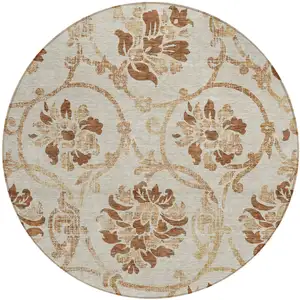 Photo of 8' Terra Cotta Copper And Beige Round Floral Washable Indoor Outdoor Area Rug