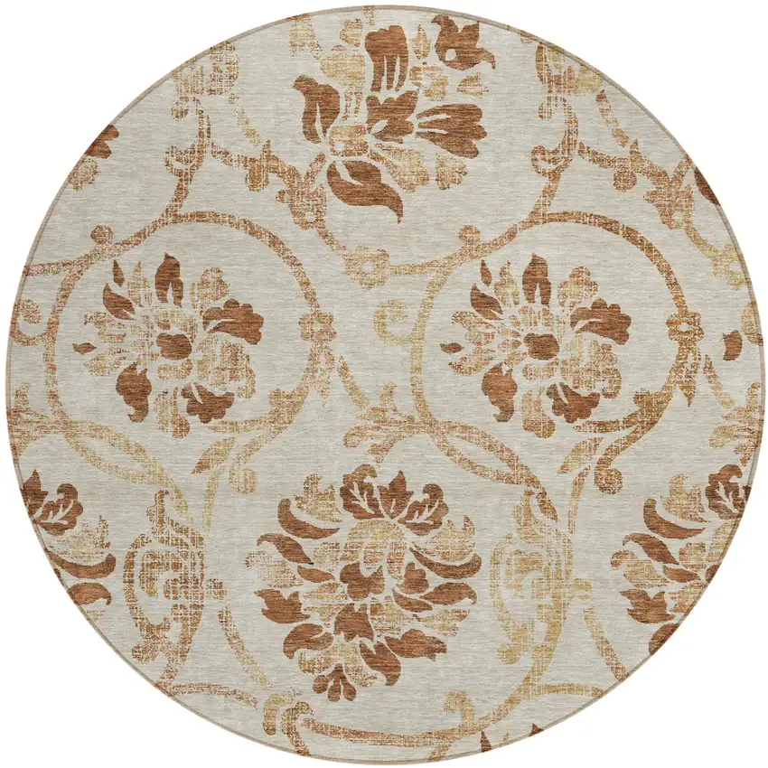 8' Terra Cotta Copper And Beige Round Floral Washable Indoor Outdoor Area Rug Photo 1