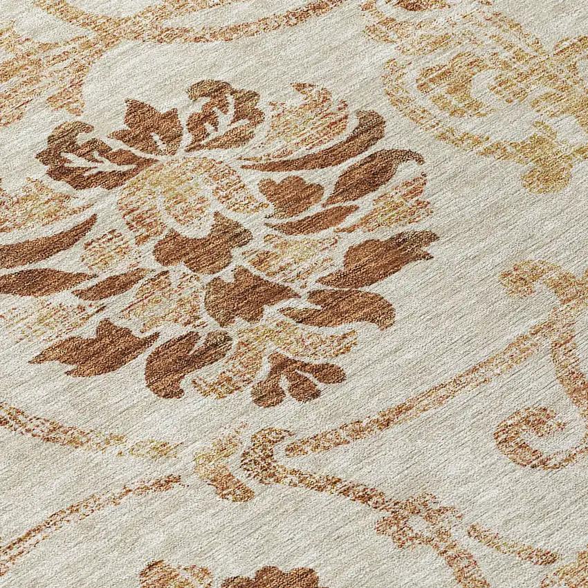 8' Terra Cotta Copper And Beige Round Floral Washable Indoor Outdoor Area Rug Photo 8