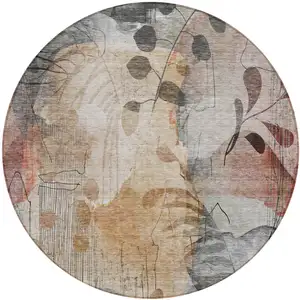 Photo of 8' Terra Cotta Copper And Beige Round Floral Washable Indoor Outdoor Area Rug