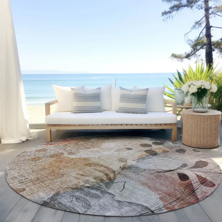 8' Terra Cotta Copper And Beige Round Floral Washable Indoor Outdoor Area Rug Photo 7