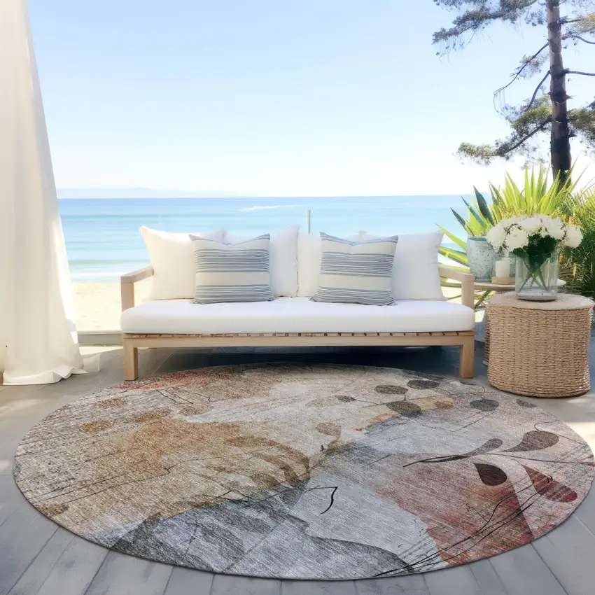 8' Terra Cotta Copper And Beige Round Floral Washable Indoor Outdoor Area Rug Photo 7