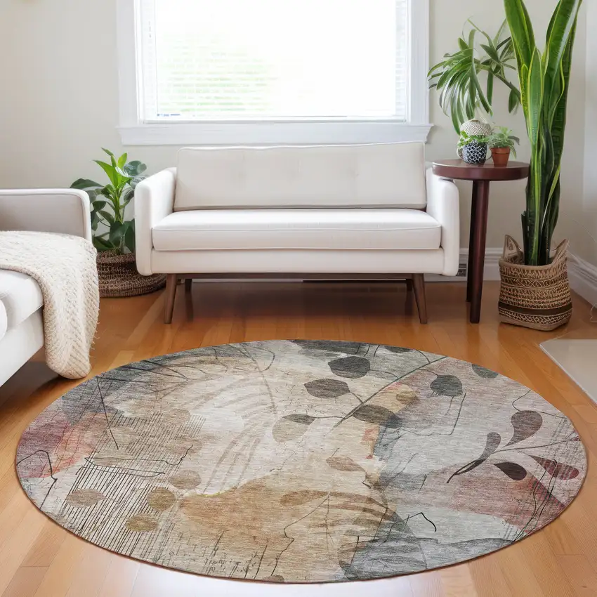 8' Terra Cotta Copper And Beige Round Floral Washable Indoor Outdoor Area Rug Photo 8