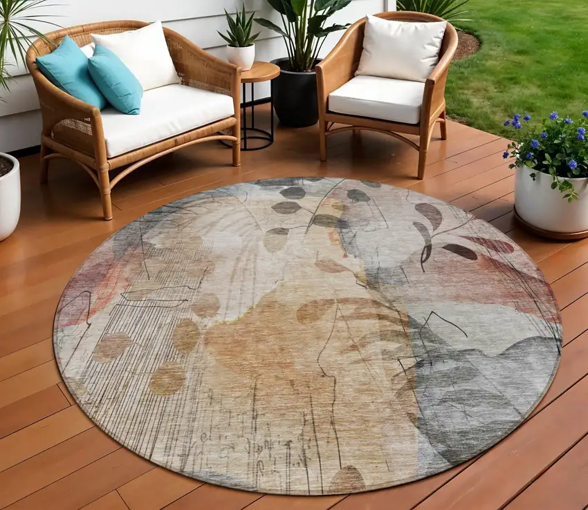 8' Terra Cotta Copper And Beige Round Floral Washable Indoor Outdoor Area Rug Photo 2