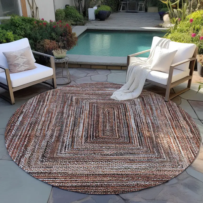 8' Terra Cotta Copper And Beige Round Geometric Washable Indoor Outdoor Area Rug Photo 5