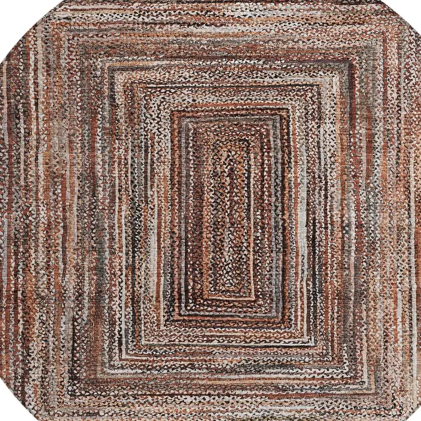 8' Terra Cotta Copper And Beige Round Geometric Washable Indoor Outdoor Area Rug Photo 7