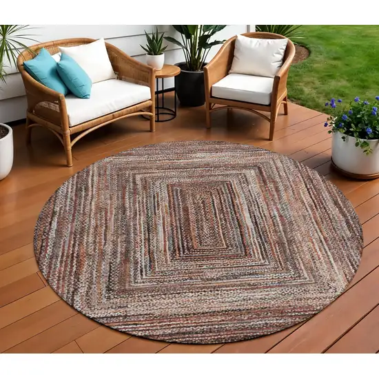 8' Terra Cotta Copper And Beige Round Geometric Washable Indoor Outdoor Area Rug Photo 2
