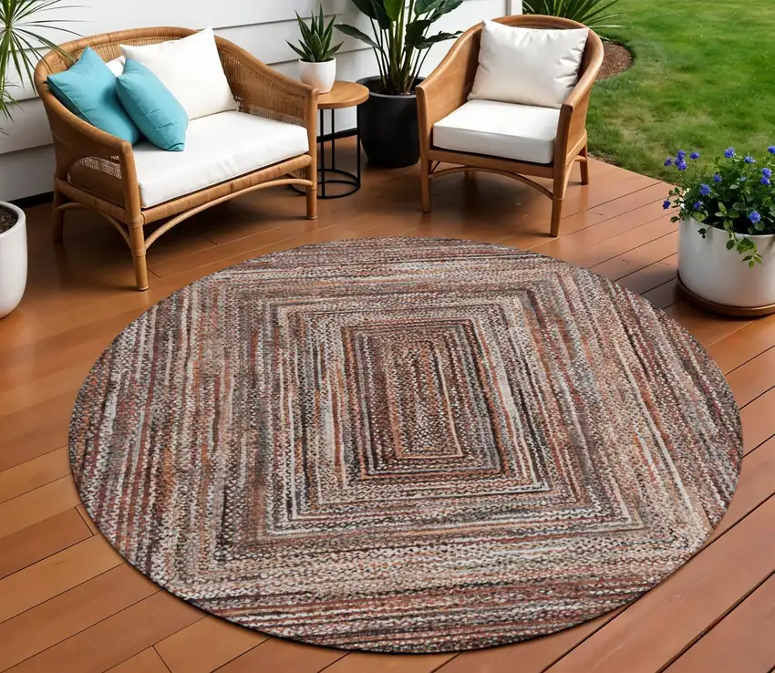 8' Terra Cotta Copper And Beige Round Geometric Washable Indoor Outdoor Area Rug Photo 2