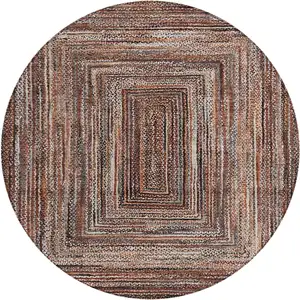 Photo of 8' Terra Cotta Copper And Beige Round Geometric Washable Indoor Outdoor Area Rug