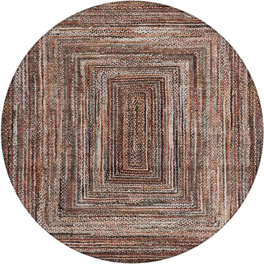 8' Terra Cotta Copper And Beige Round Geometric Washable Indoor Outdoor Area Rug Photo 1