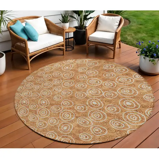 8' Terra Cotta Copper And Beige Round Geometric Washable Indoor Outdoor Area Rug Photo 1
