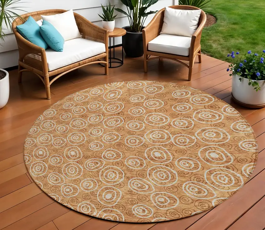 8' Terra Cotta Copper And Beige Round Geometric Washable Indoor Outdoor Area Rug Photo 1