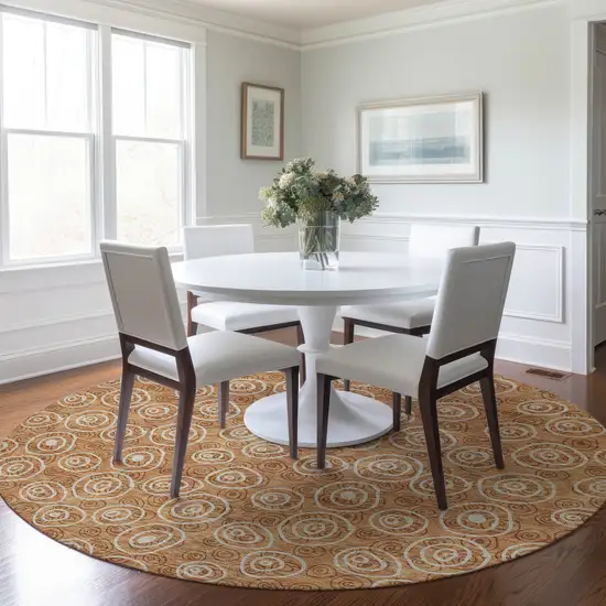 8' Terra Cotta Copper And Beige Round Geometric Washable Indoor Outdoor Area Rug Photo 6