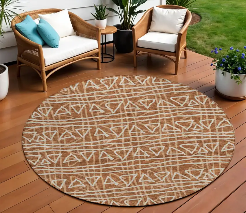 8' Terra Cotta Copper And Beige Round Geometric Washable Indoor Outdoor Area Rug Photo 1