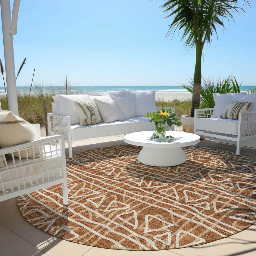 8' Terra Cotta Copper And Beige Round Geometric Washable Indoor Outdoor Area Rug Photo 8