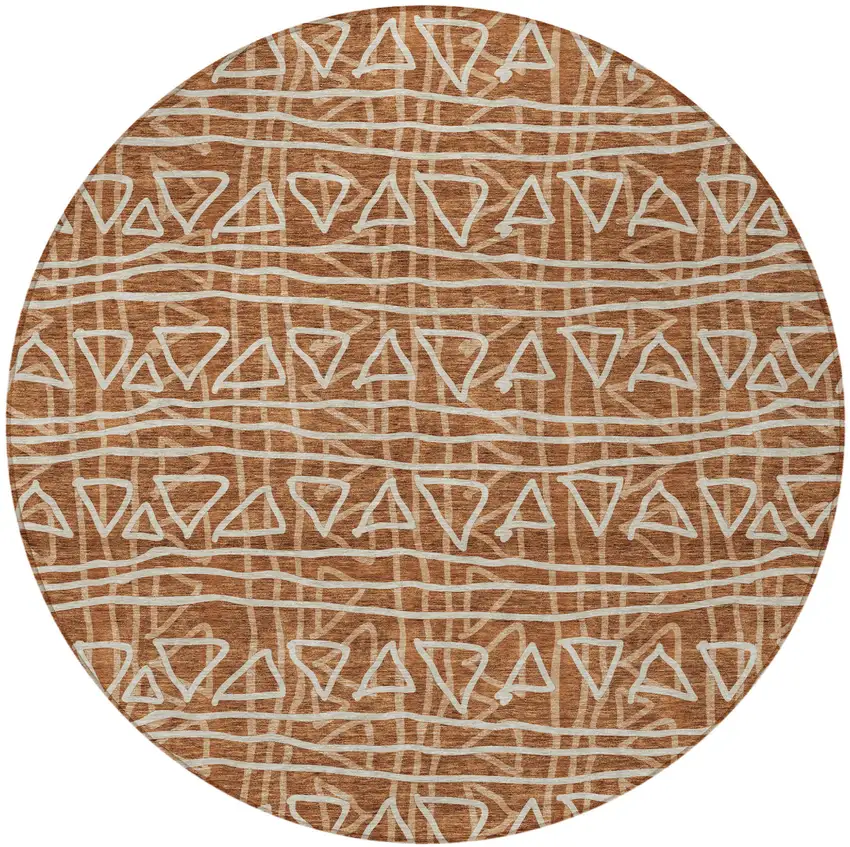8' Terra Cotta Copper And Beige Round Geometric Washable Indoor Outdoor Area Rug Photo 7