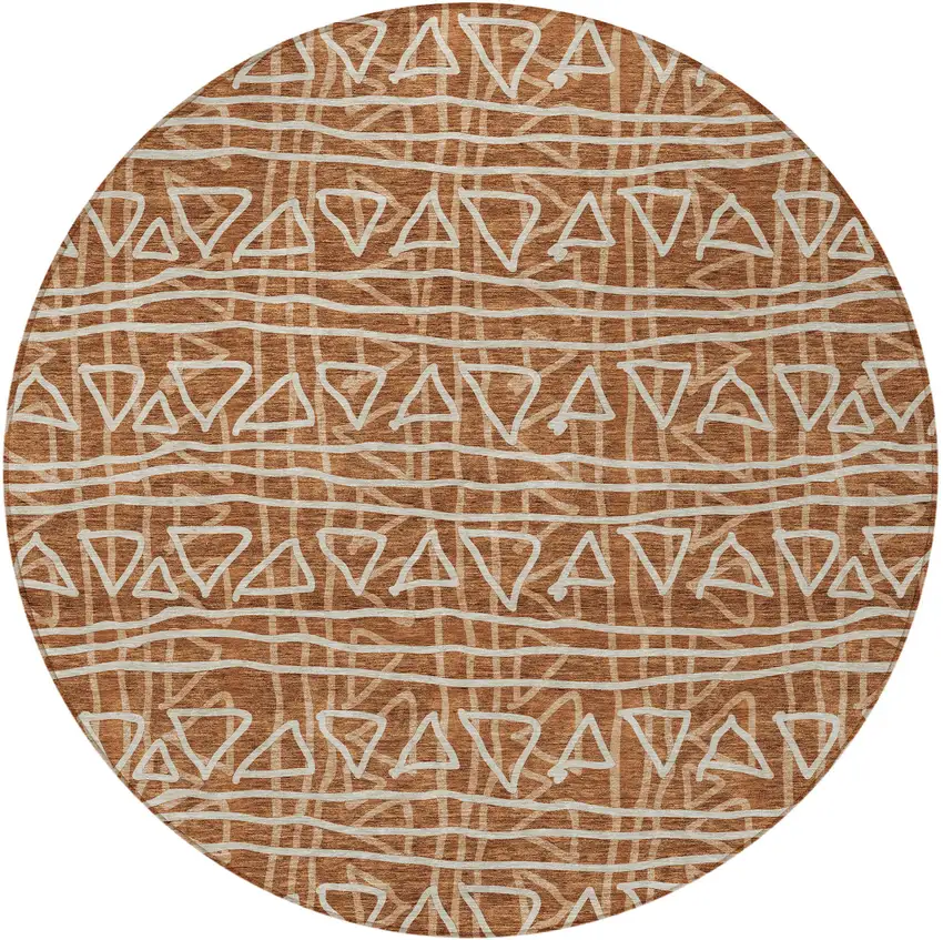 8' Terra Cotta Copper And Beige Round Geometric Washable Indoor Outdoor Area Rug Photo 7