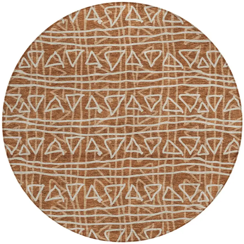 8' Terra Cotta Copper And Beige Round Geometric Washable Indoor Outdoor Area Rug Photo 6