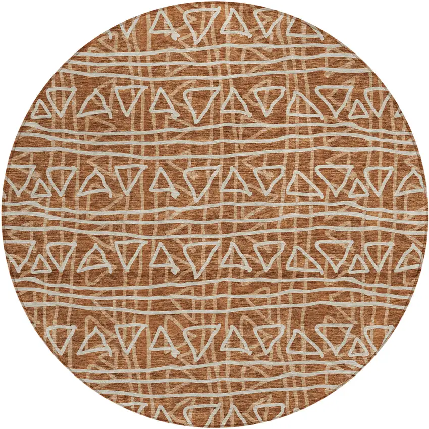 8' Terra Cotta Copper And Beige Round Geometric Washable Indoor Outdoor Area Rug Photo 2