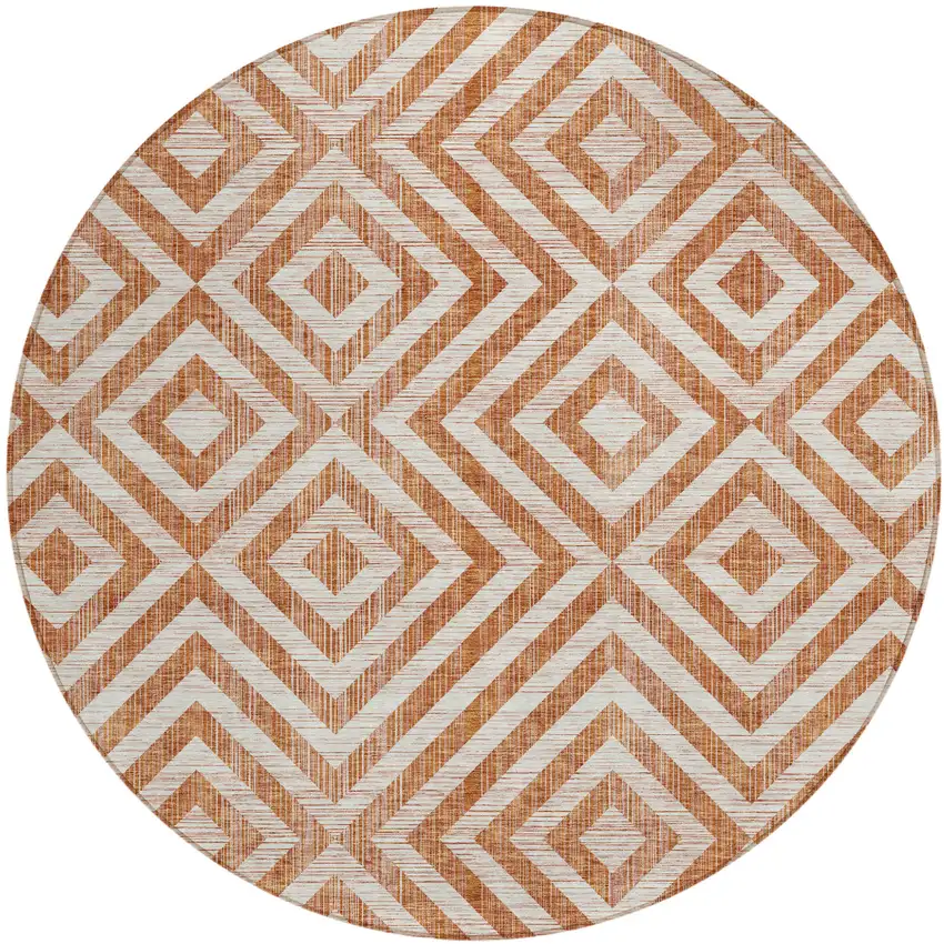 8' Terra Cotta Copper And Beige Round Geometric Washable Indoor Outdoor Area Rug Photo 2