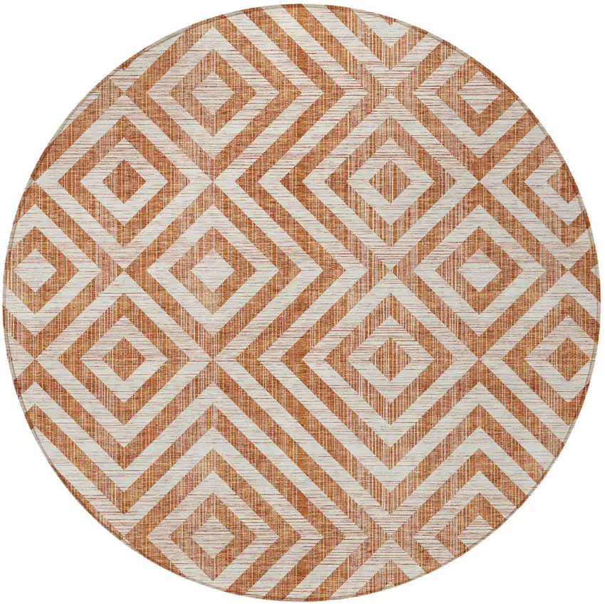 8' Terra Cotta Copper And Beige Round Geometric Washable Indoor Outdoor Area Rug Photo 5