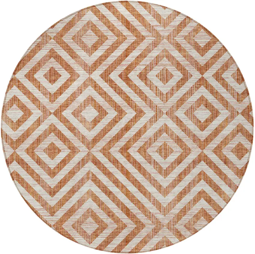 8' Terra Cotta Copper And Beige Round Geometric Washable Indoor Outdoor Area Rug Photo 5