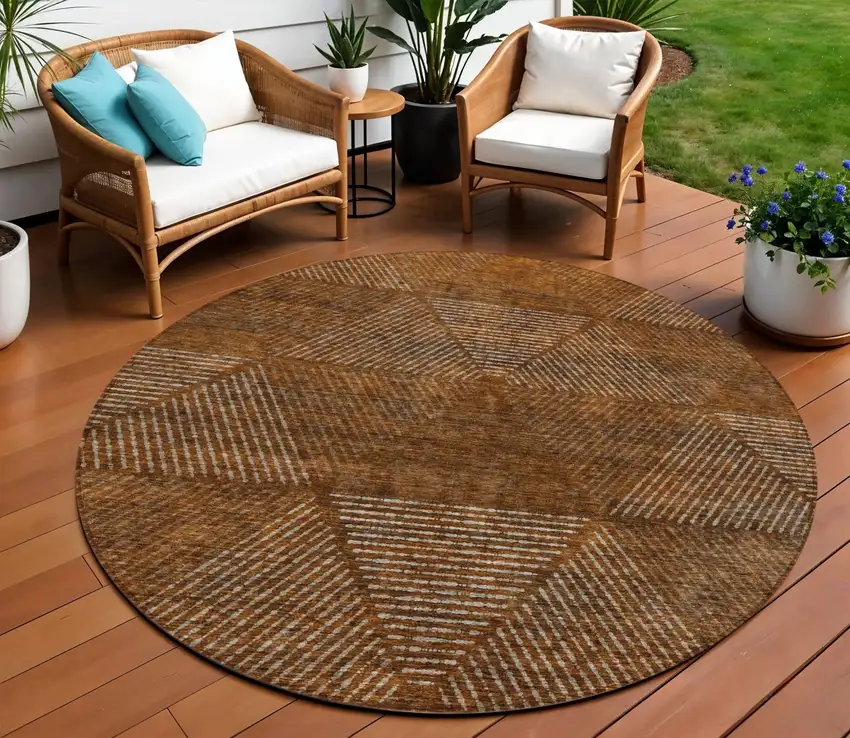 8' Terra Cotta Copper And Beige Round Geometric Washable Indoor Outdoor Area Rug Photo 1
