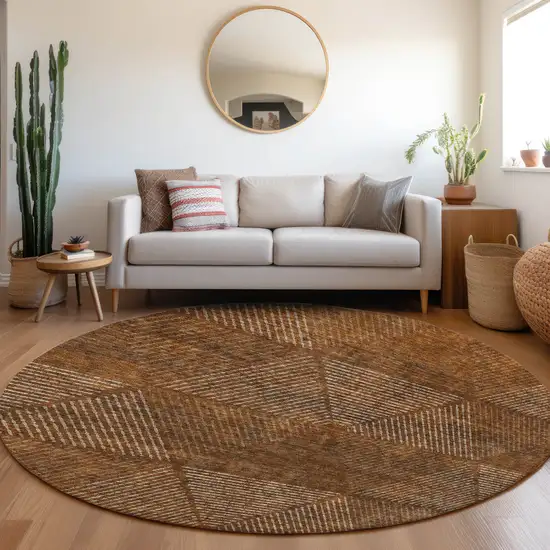 8' Terra Cotta Copper And Beige Round Geometric Washable Indoor Outdoor Area Rug Photo 7