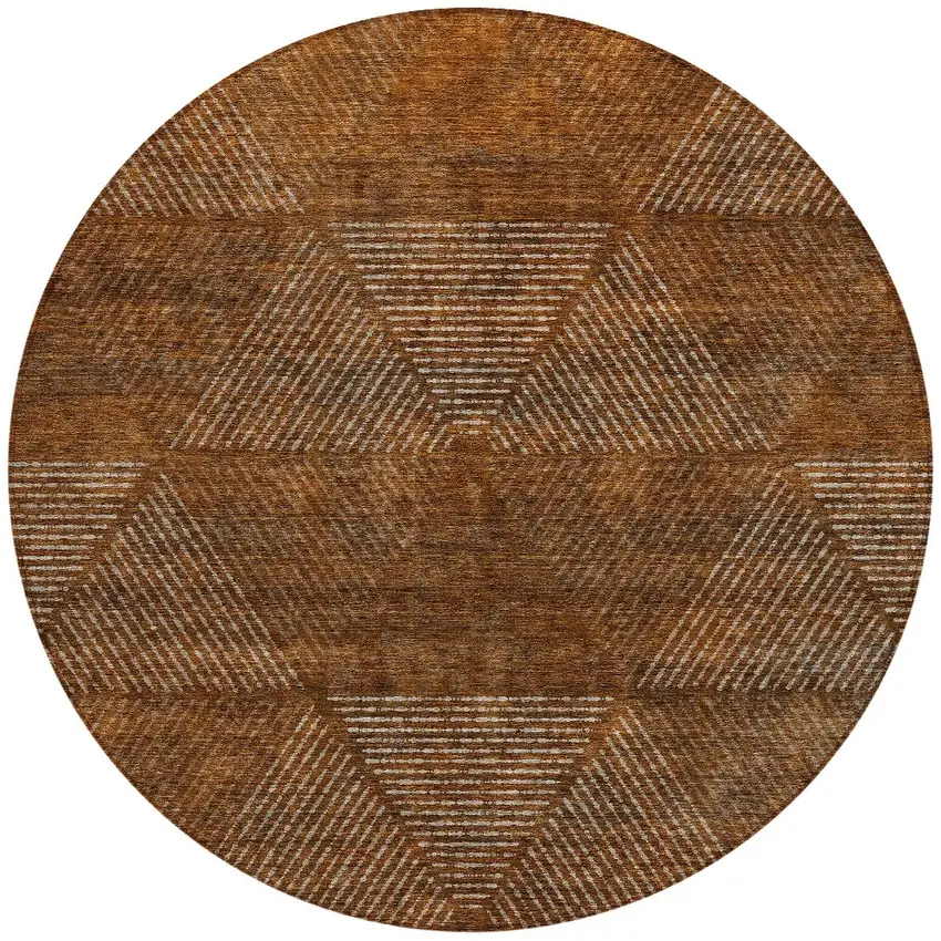 8' Terra Cotta Copper And Beige Round Geometric Washable Indoor Outdoor Area Rug Photo 5