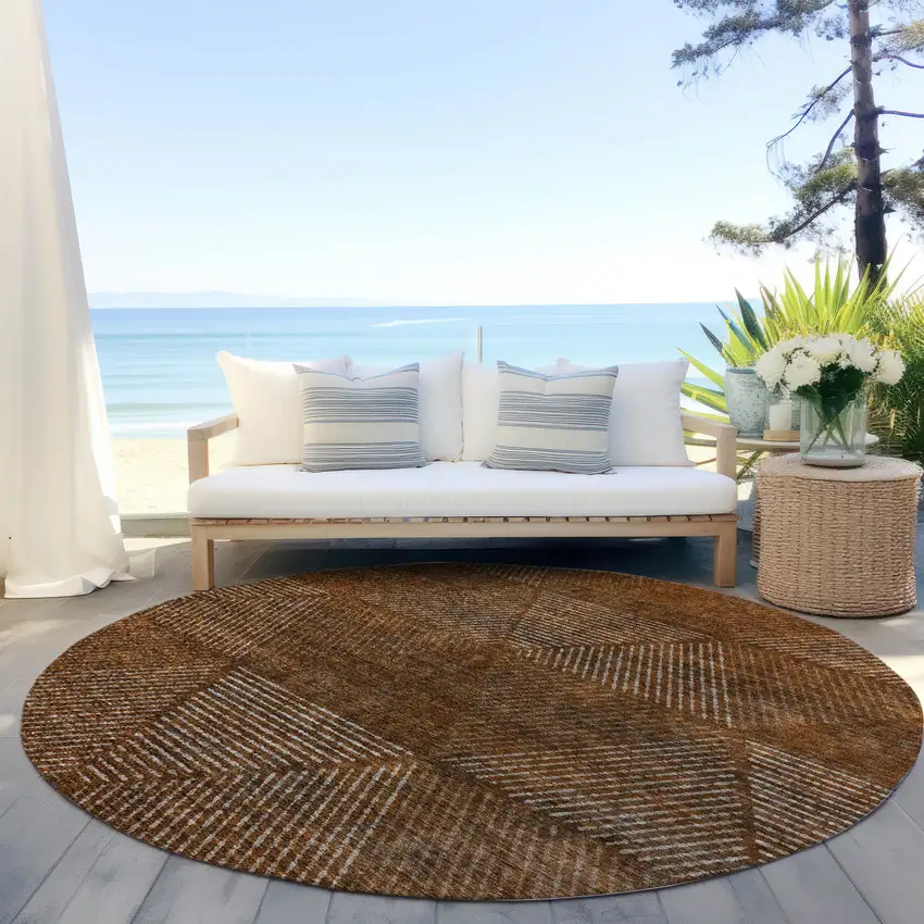 8' Terra Cotta Copper And Beige Round Geometric Washable Indoor Outdoor Area Rug Photo 6