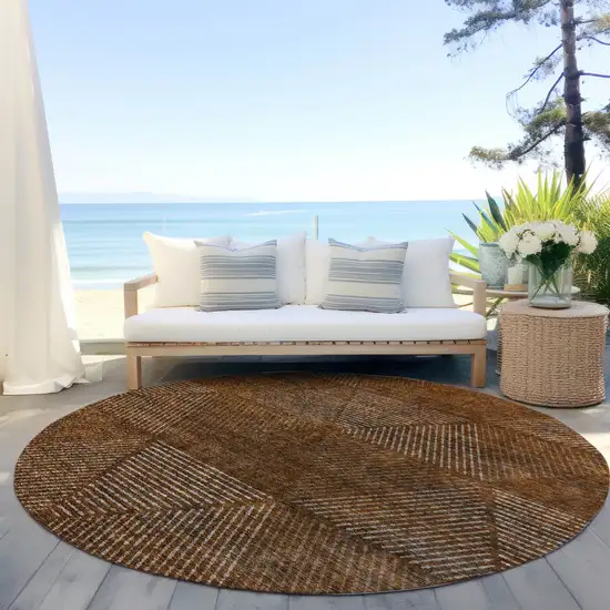 8' Terra Cotta Copper And Beige Round Geometric Washable Indoor Outdoor Area Rug Photo 6