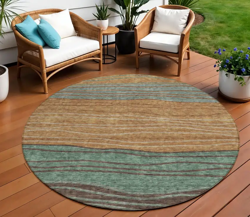 8' Terra Cotta Copper And Beige Round Striped Washable Indoor Outdoor Area Rug Photo 1