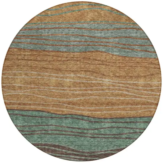 8' Terra Cotta Copper And Beige Round Striped Washable Indoor Outdoor Area Rug Photo 5