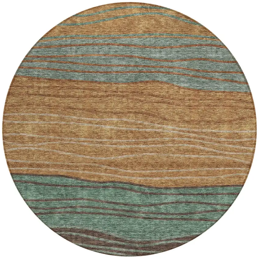 8' Terra Cotta Copper And Beige Round Striped Washable Indoor Outdoor Area Rug Photo 5