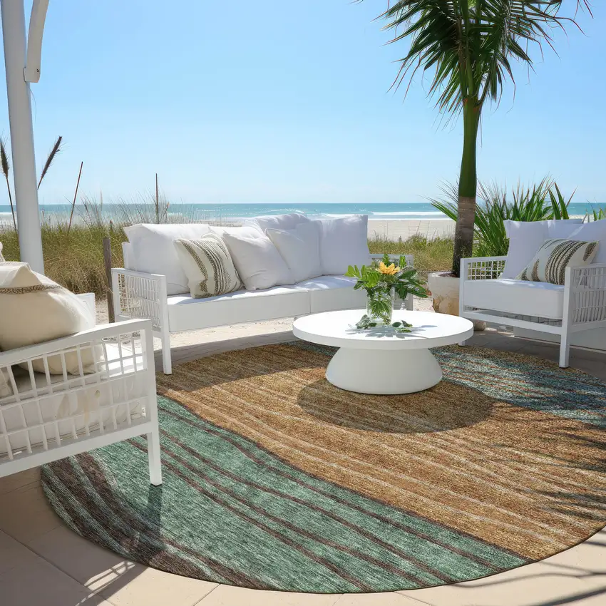 8' Terra Cotta Copper And Beige Round Striped Washable Indoor Outdoor Area Rug Photo 6