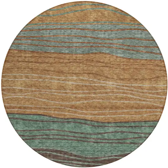 8' Terra Cotta Copper And Beige Round Striped Washable Indoor Outdoor Area Rug Photo 2