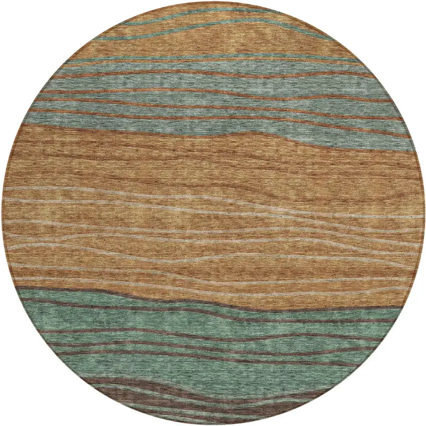 8' Terra Cotta Copper And Beige Round Striped Washable Indoor Outdoor Area Rug Photo 2